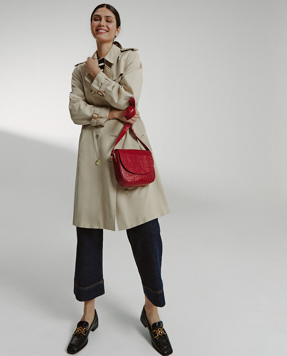 Soft red coconut engraved leather flap shoulder bag