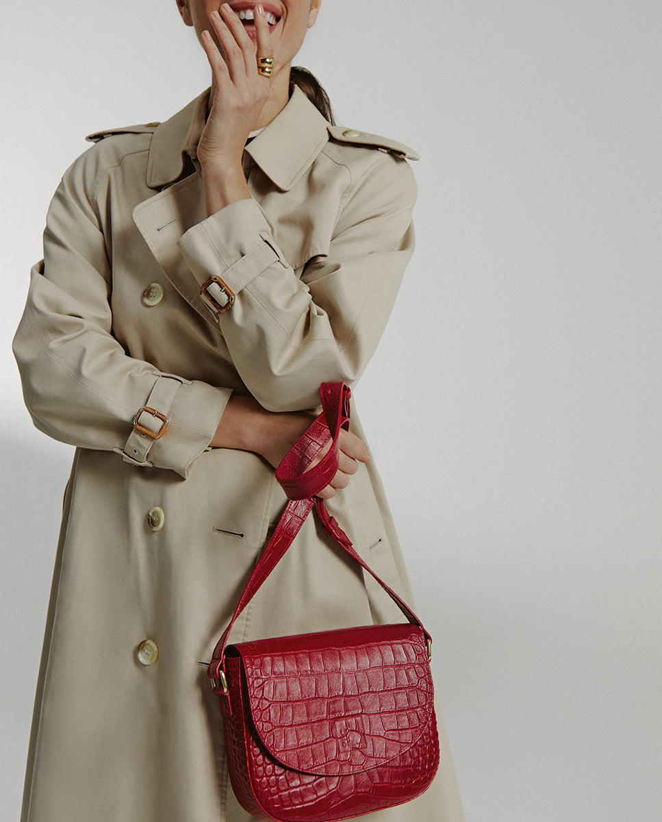 Soft red coconut engraved leather flap shoulder bag