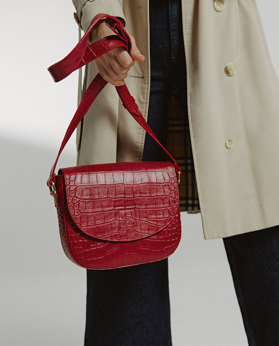 Soft red coconut engraved leather flap shoulder bag