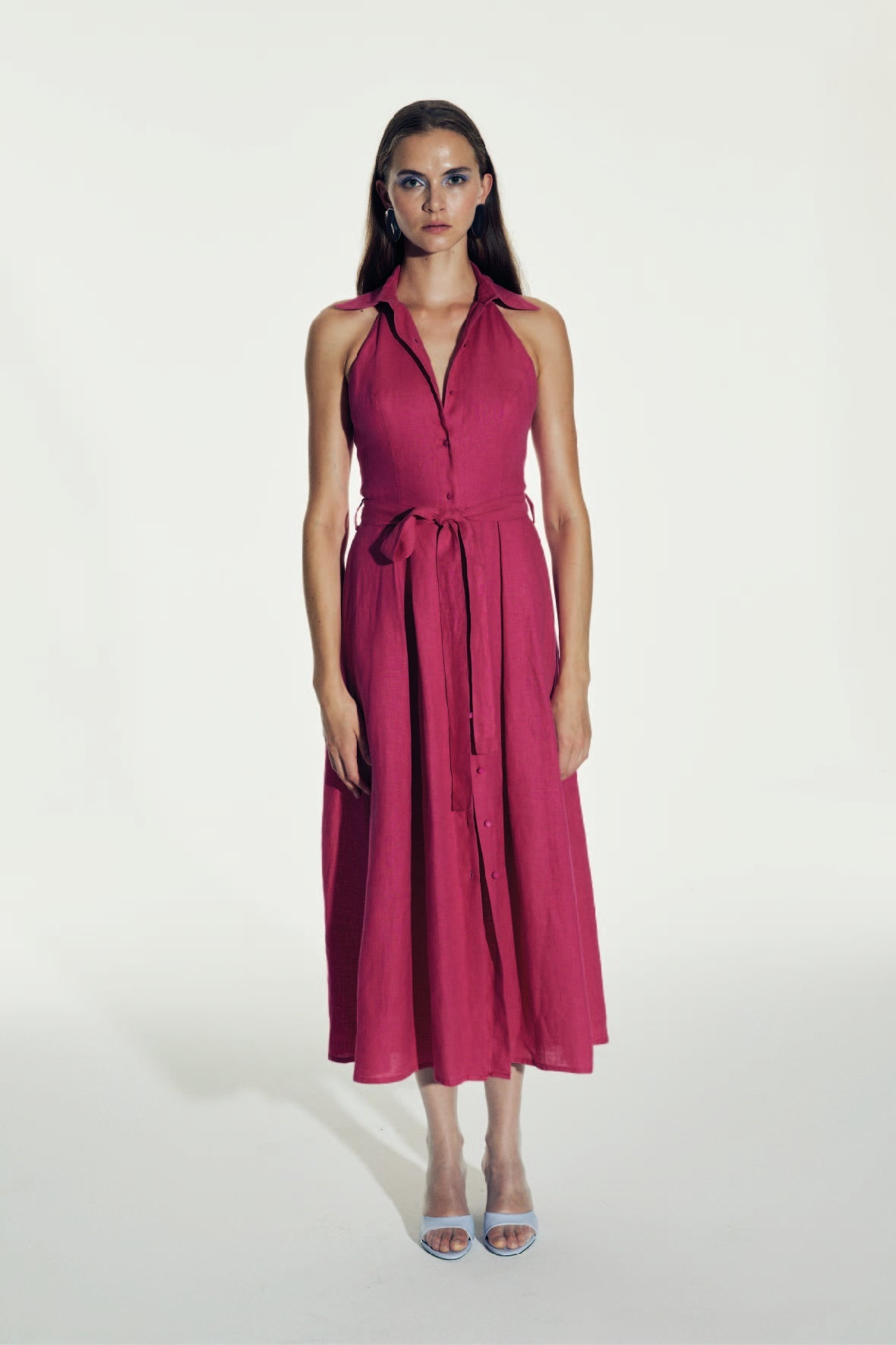 Carrie Linen Midi Dress in Berry Pink