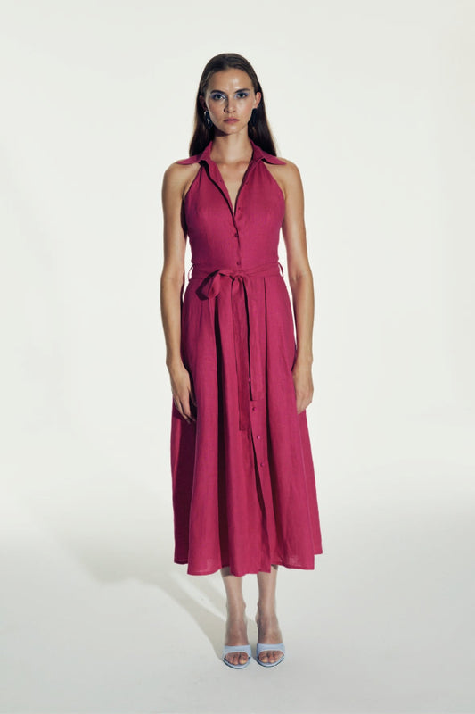 Carrie Linen Midi Dress in Berry Pink