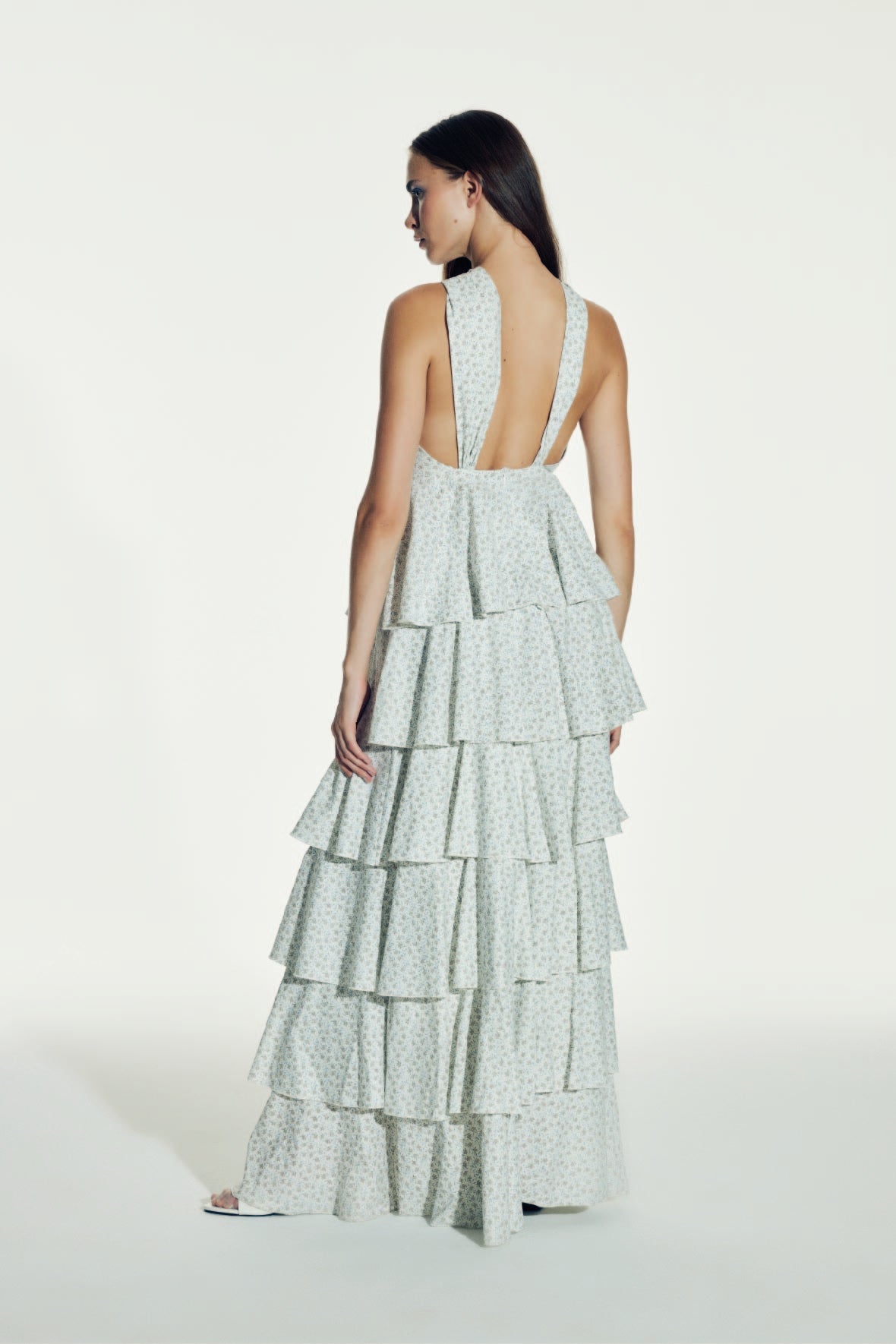 Laurel Printed Cotton Long Dress in Cannoli Cream