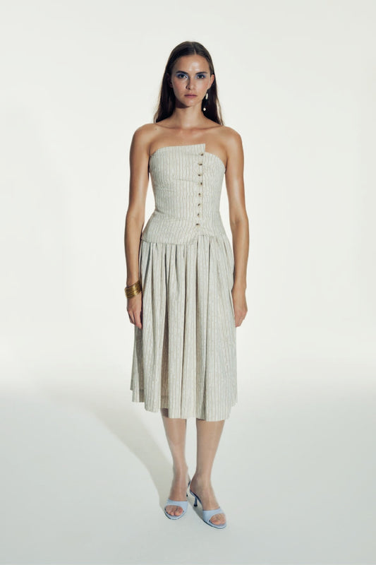 Lou Lou Striped Linen Midi Skirt in Walnut