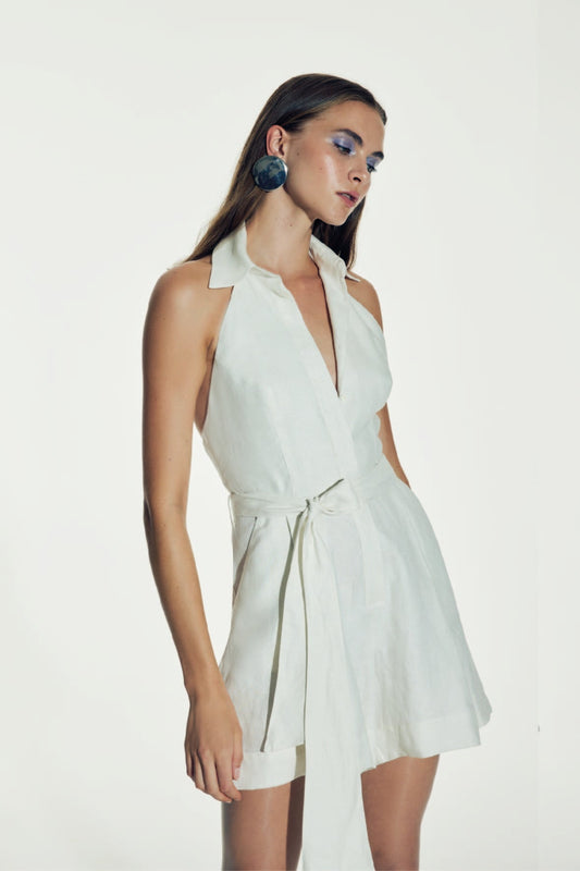 Mindy Linen Playsuit in White Sand