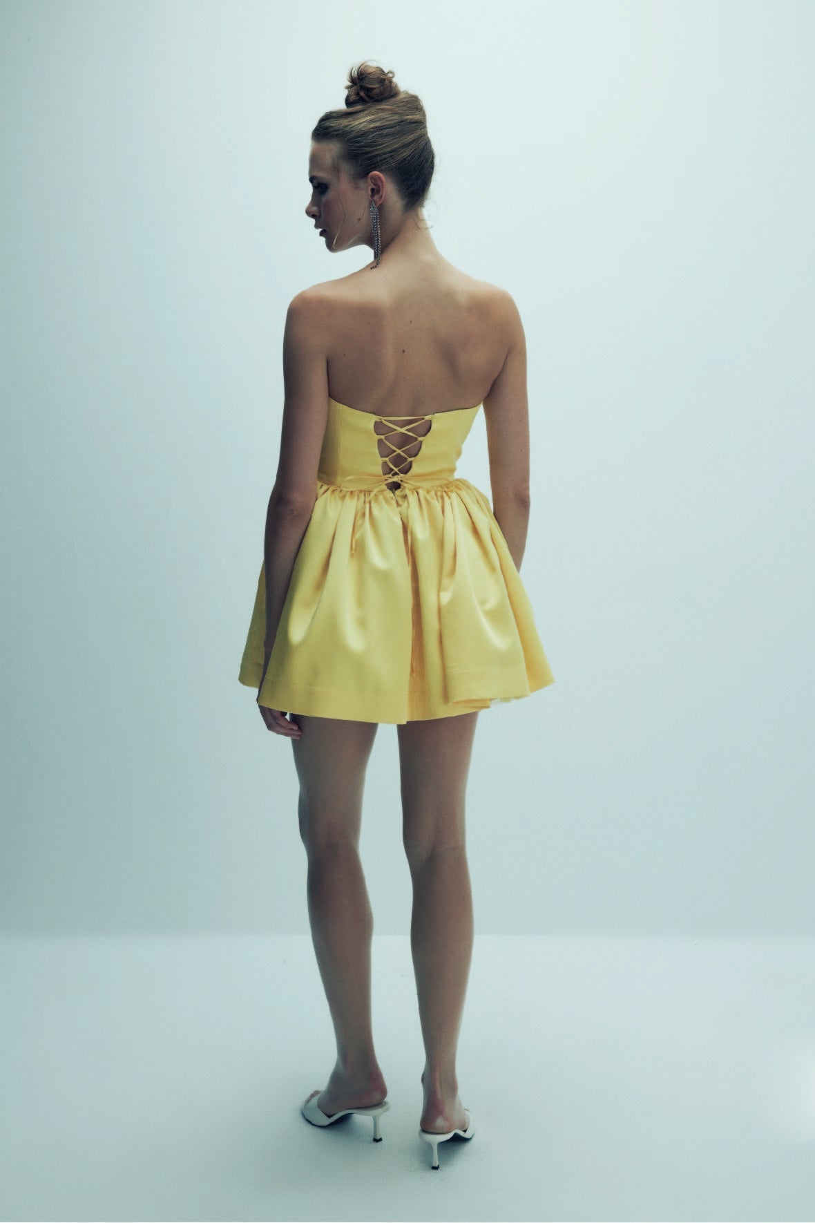 Sibby Strapless Satin Mini Dress in Marigold