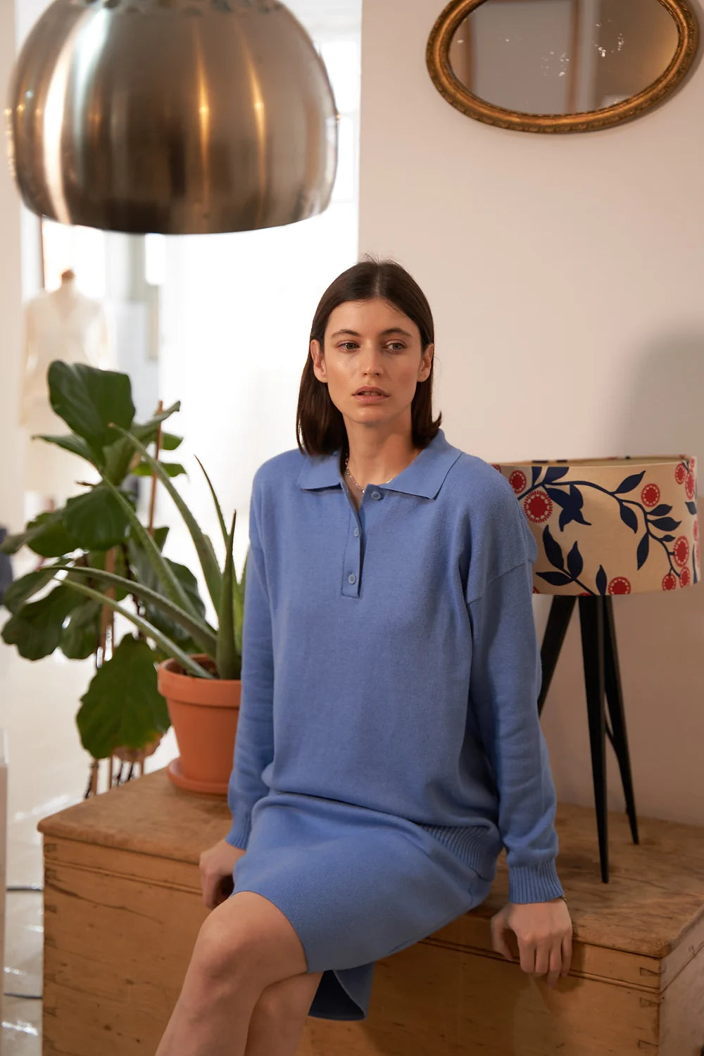 Blue Cotton Cashmere Blend Polo Sweater