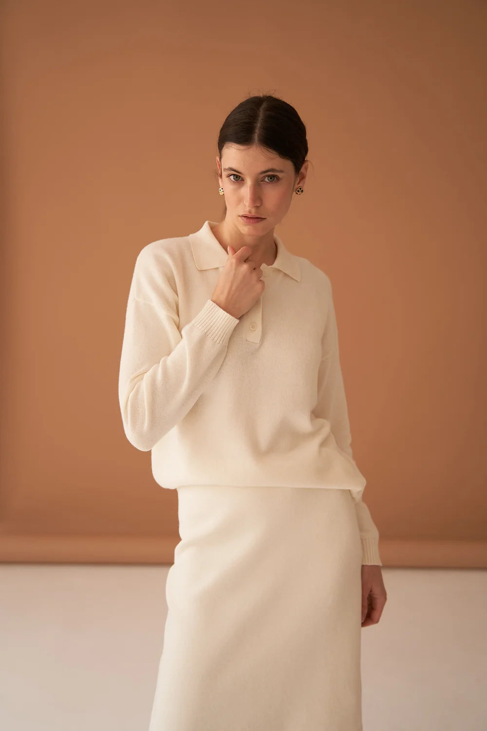 Ivory Cotton Cashmere Blend Polo Sweater