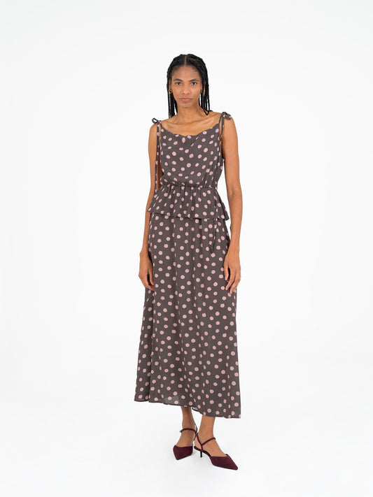 Astra Brown Polka Dot Print Maxi Dress