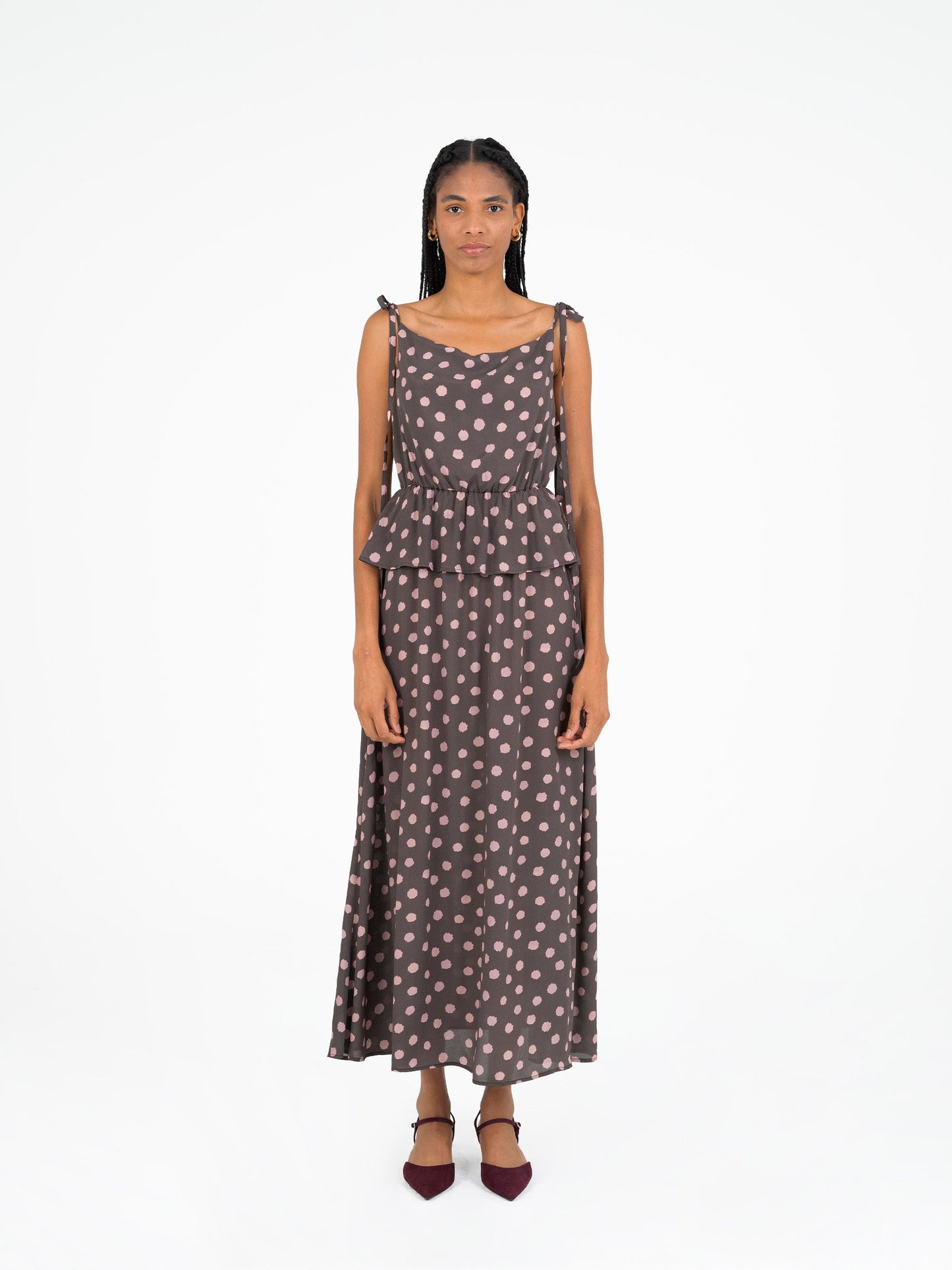 Astra Brown Polka Dot Print Maxi Dress