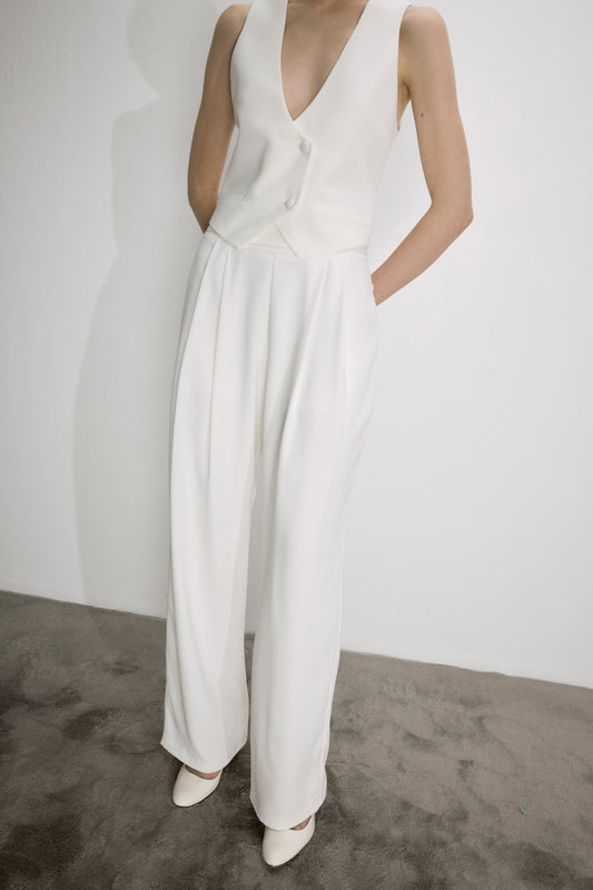 Tina Trousers in White with Satin Waistband