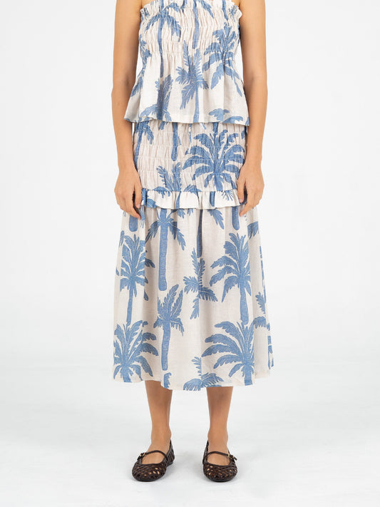 Elios Palm-Printed Smocked Linen Midi Skirt