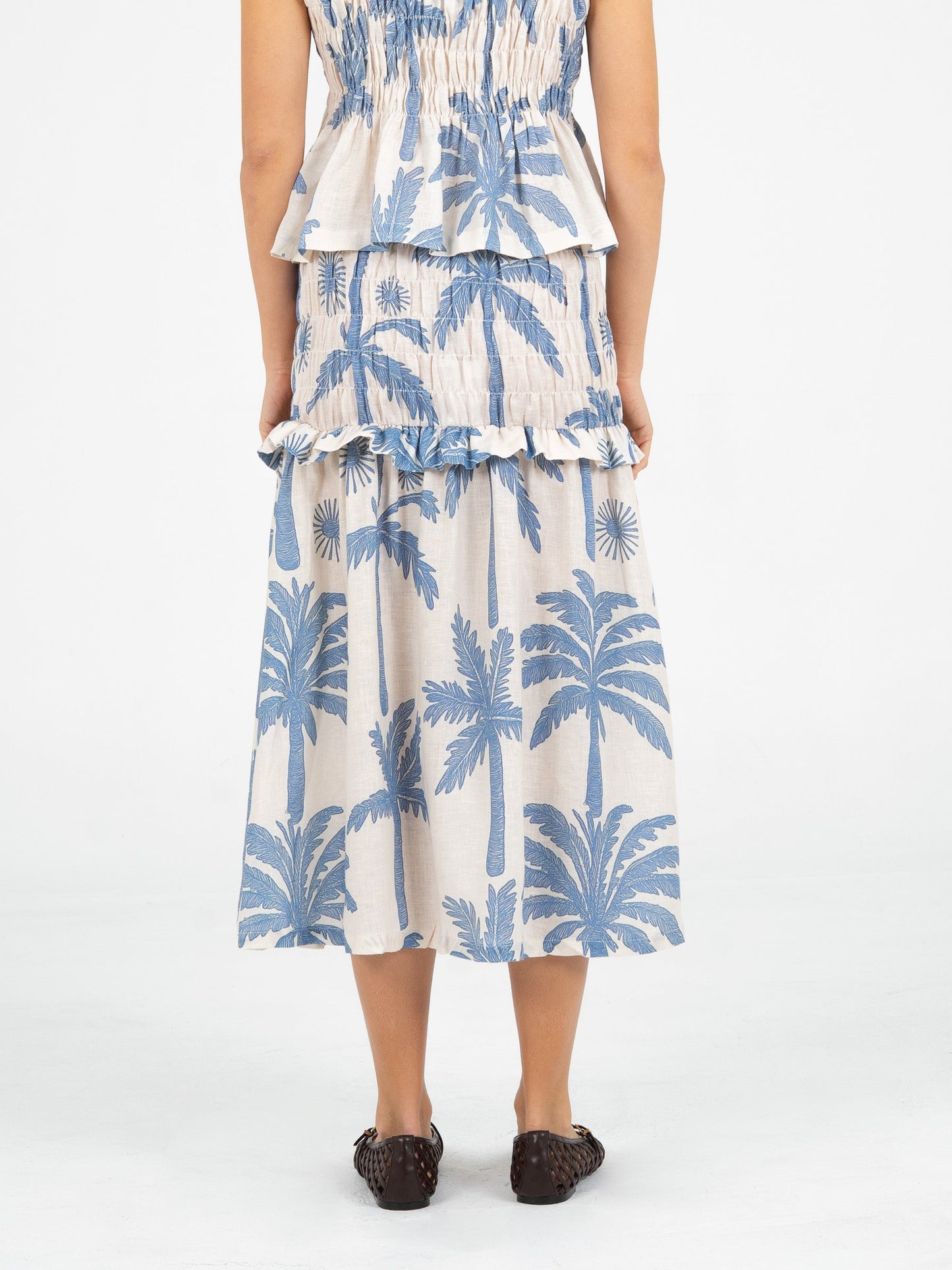 Elios Palm-Printed Smocked Linen Midi Skirt