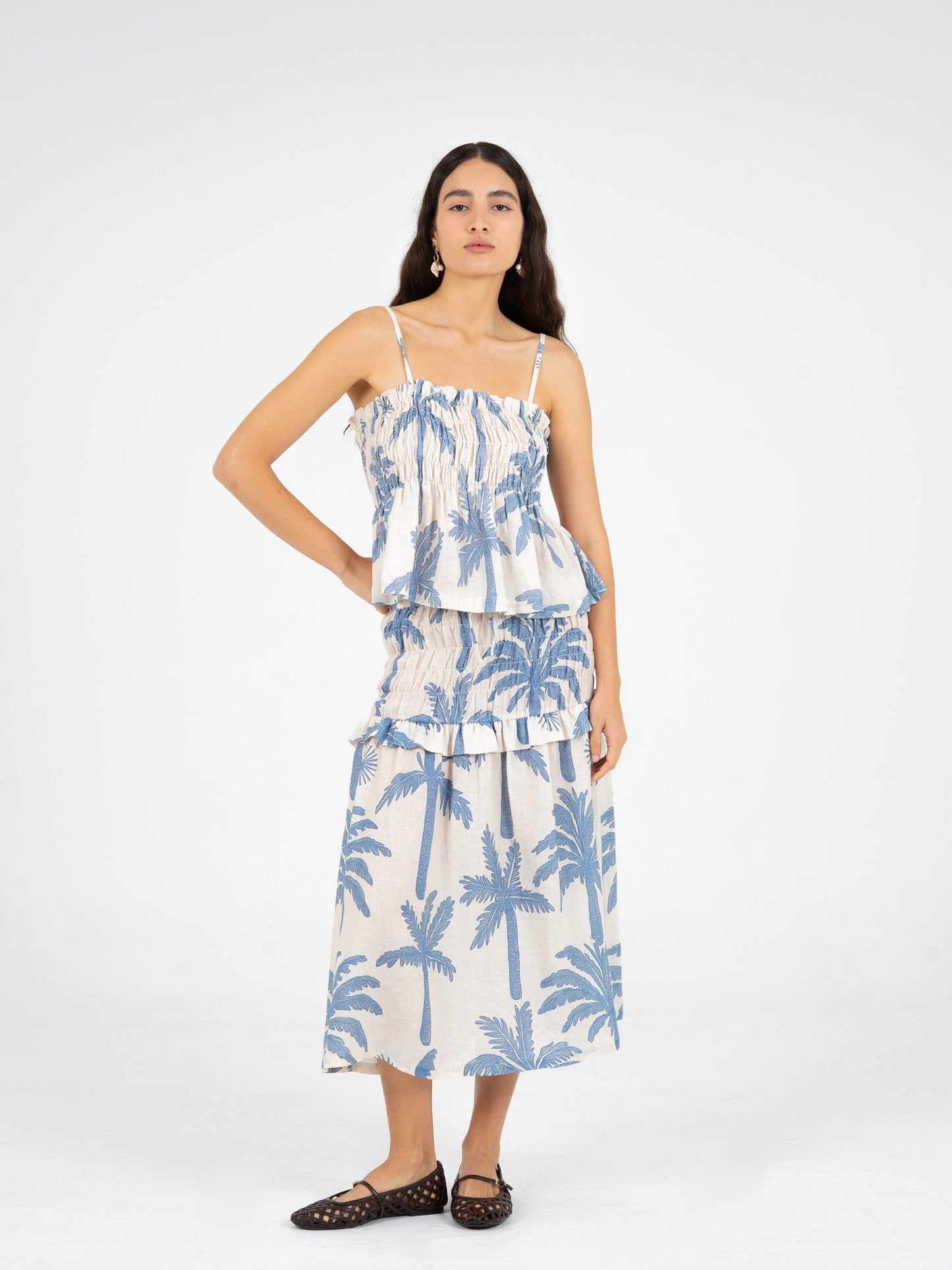 Elios Palm-Printed Smocked Linen Midi Skirt