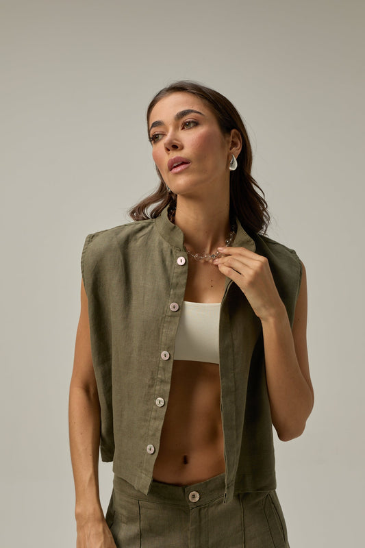 Muse Linen Vest | Olive Green