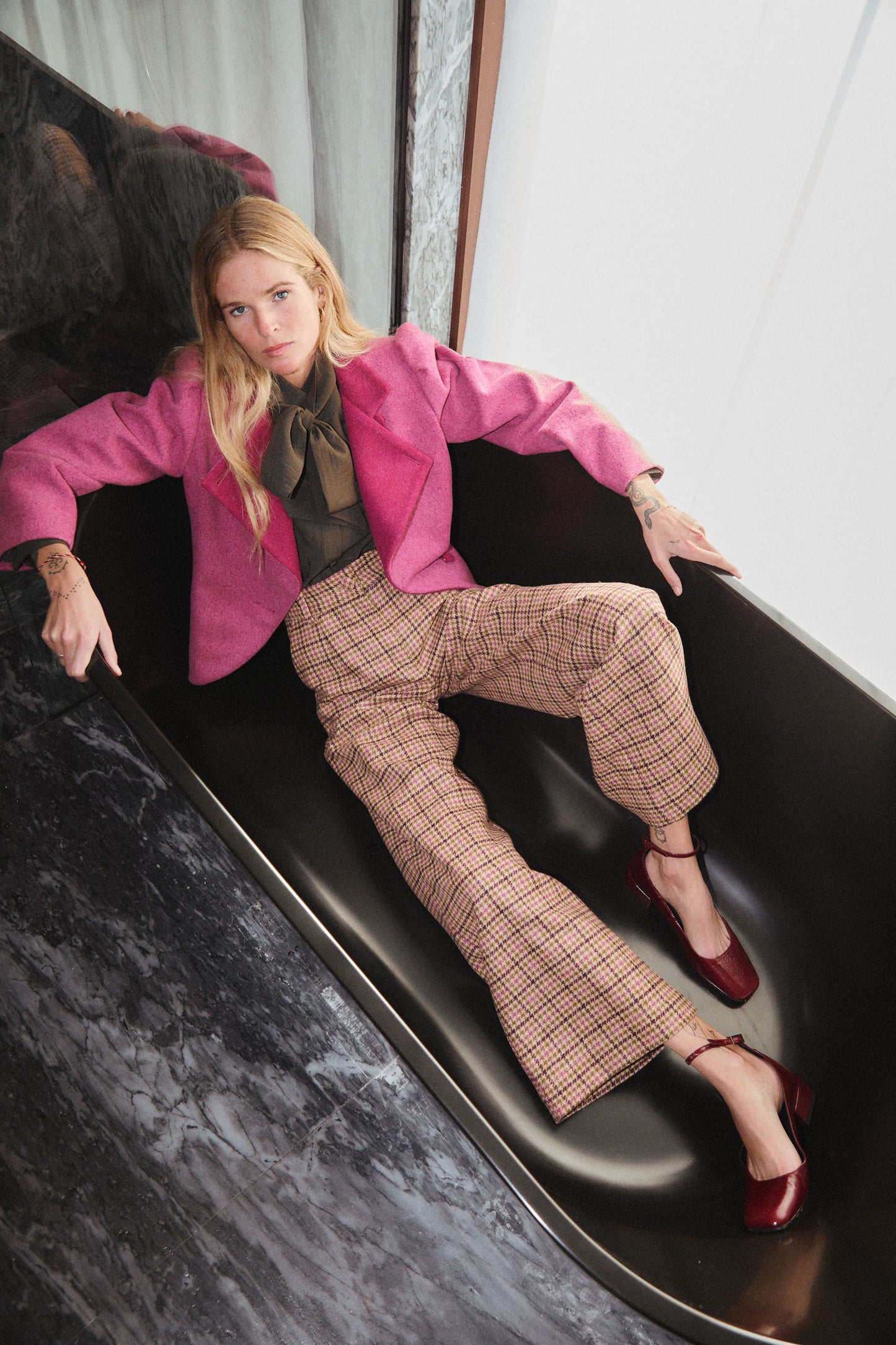 Pink Houndstooth Checked Pants