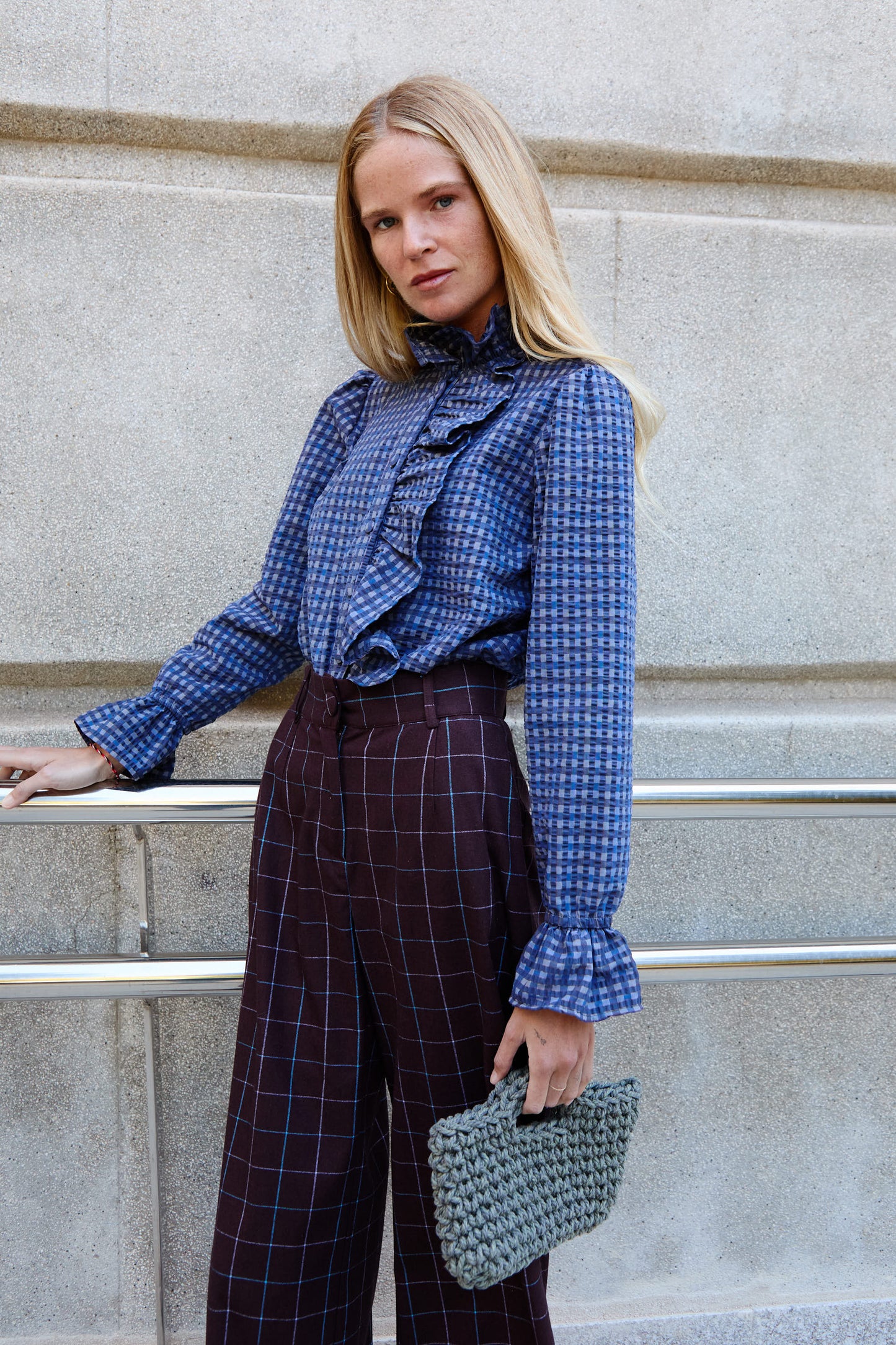 Blue Checkered Ruffle Shirt