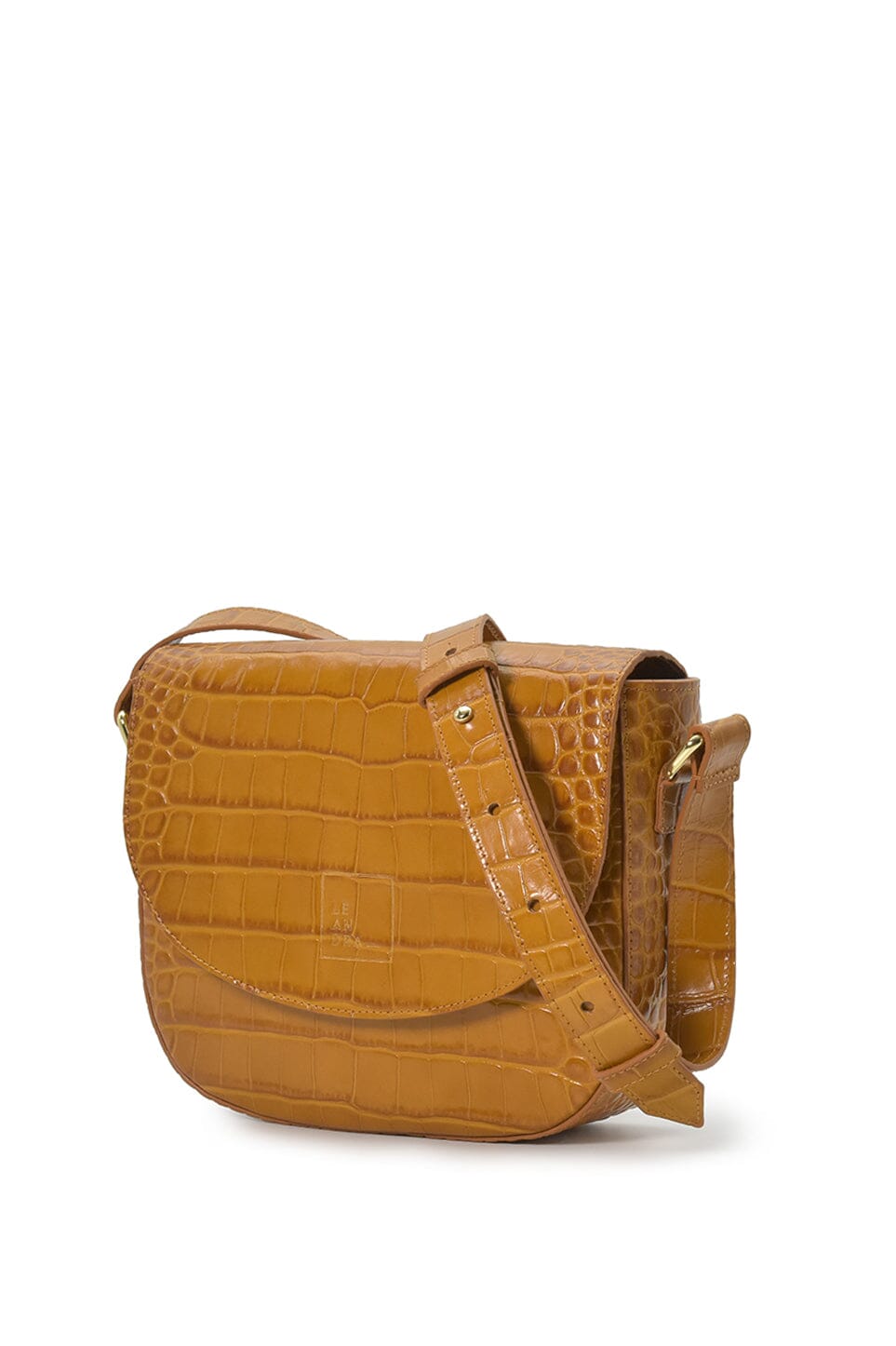 Camel coconut engraved leather flap crossbody bag Crossbody Bags Leandra 
