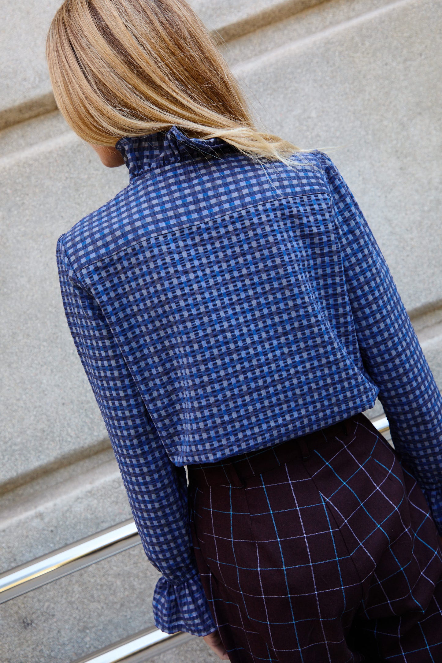 Blue Checkered Ruffle Shirt