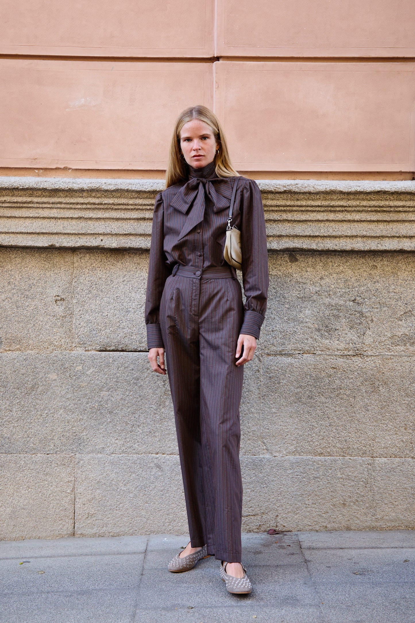 Brown Striped Bow Shirt