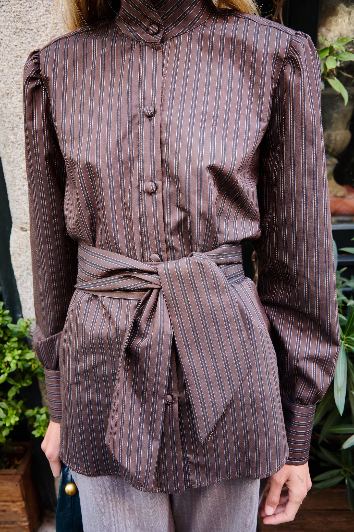 Brown Striped Bow Shirt