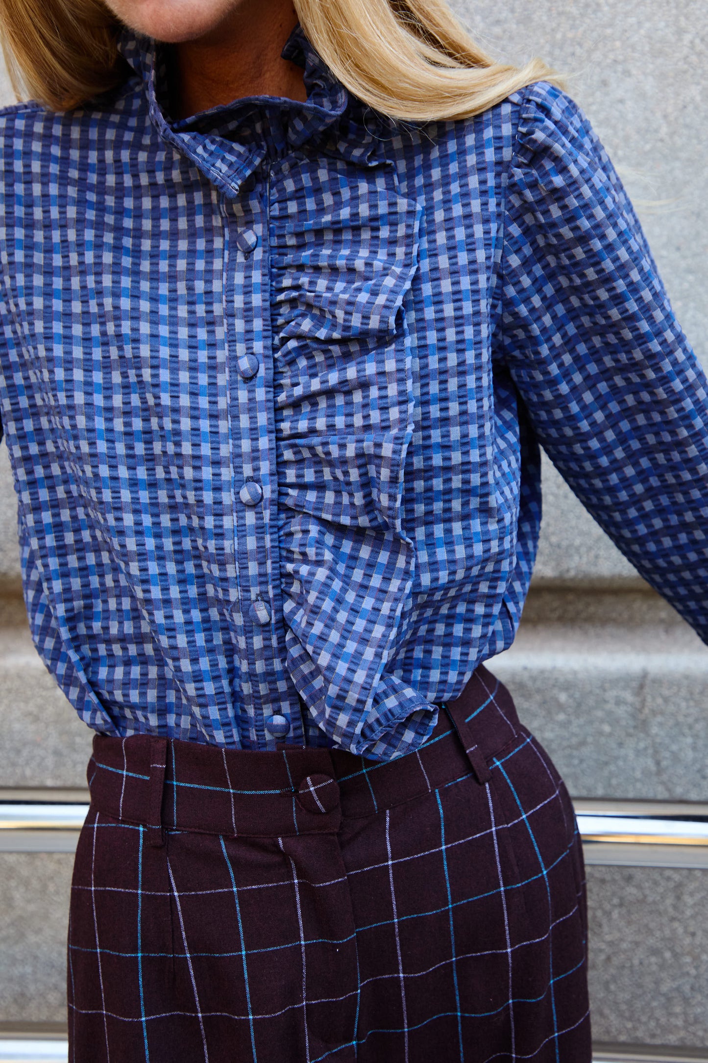 Blue Checkered Ruffle Shirt