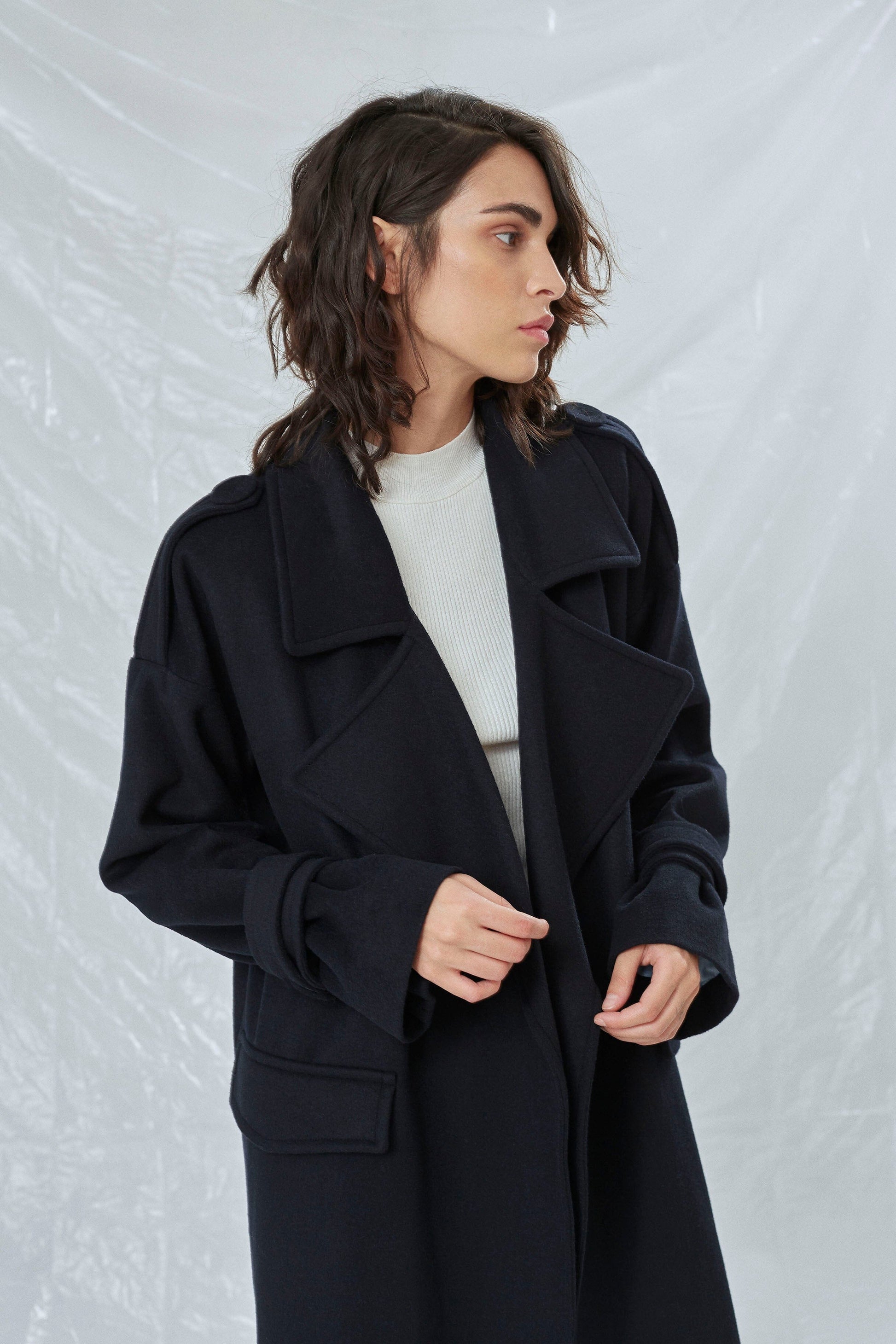 Laura Oversized Coat in Navy Blue Nazli Ceren 