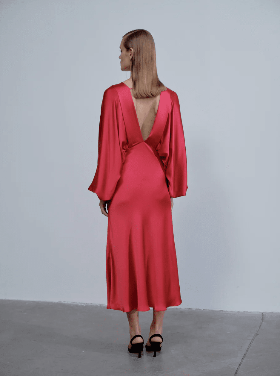 Mila V Neck Satin Dress in Red Nazli Ceren 