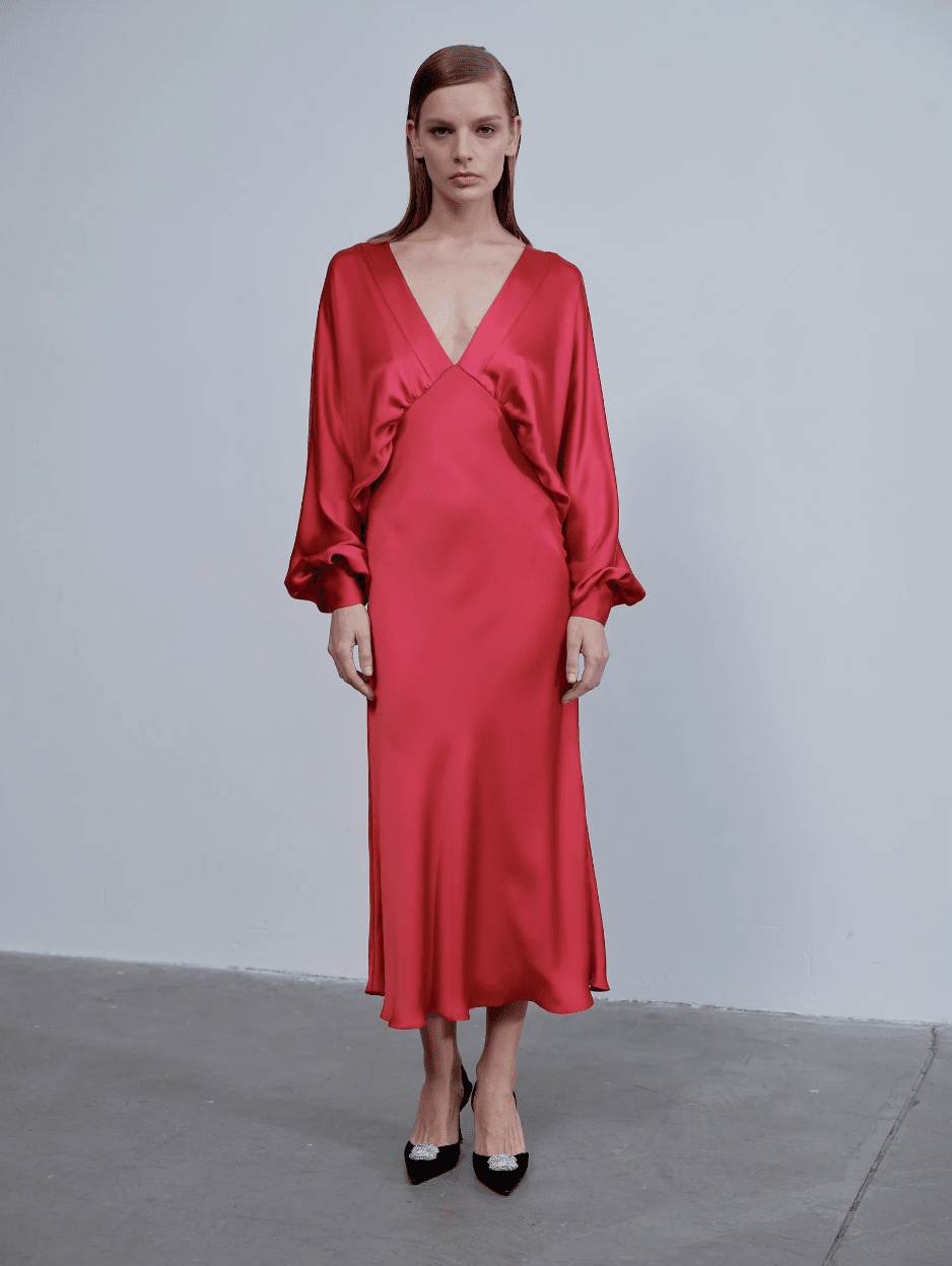 Mila V Neck Satin Dress in Red Nazli Ceren 