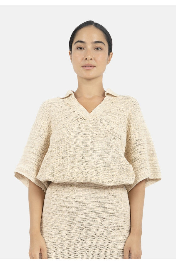 Sedona Crochet Polo Top in Natural