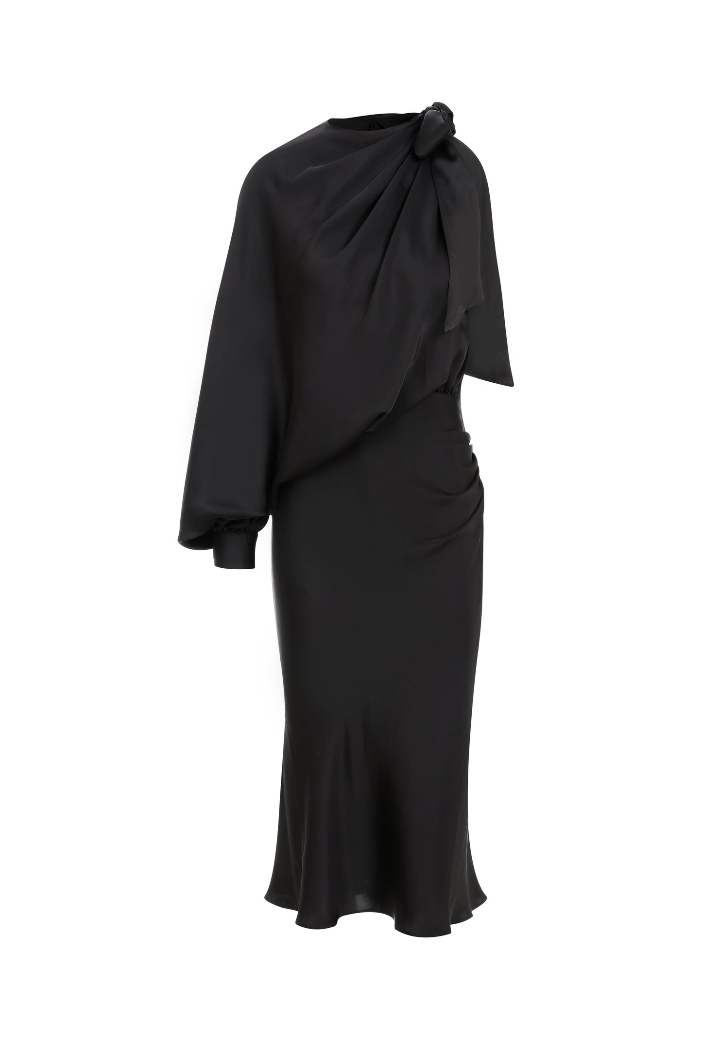Emillien Asymmetric Satin Dress in Noire
