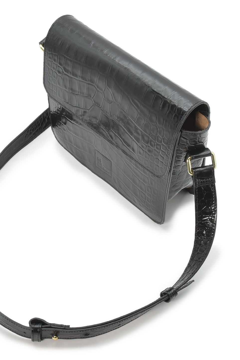 Square shoulder bag with printed black leather flap