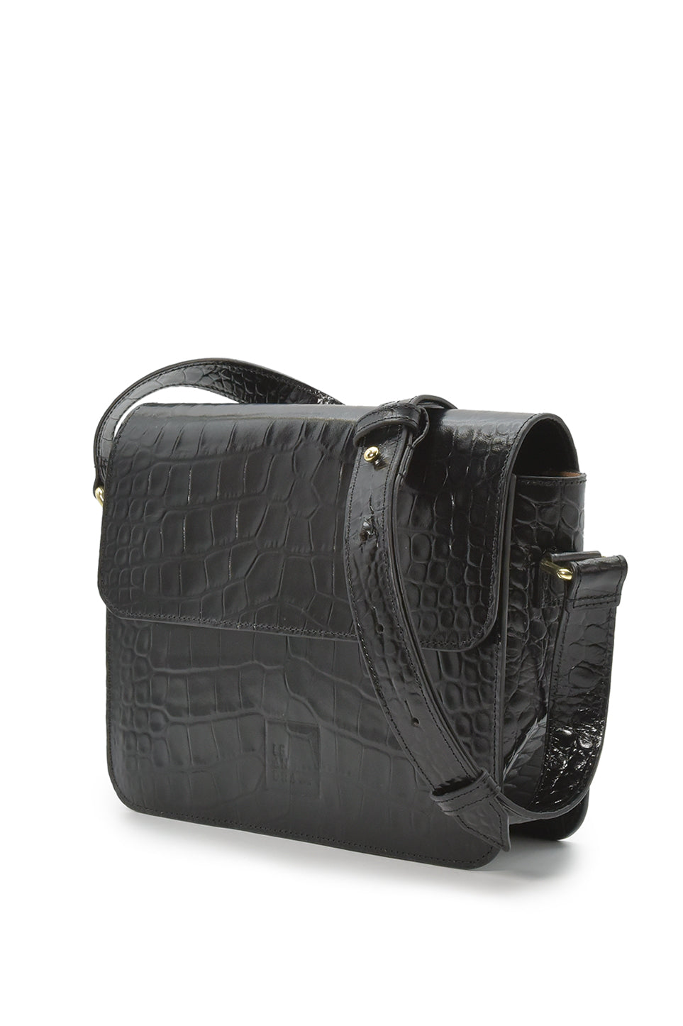 Square shoulder bag with printed black leather flap