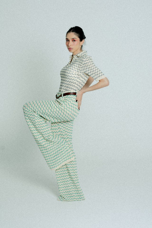 Light Weight Cotton Knit Long Wide Trousers Green