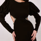 Silhouette high-waisted dress with buff sleeves and embroidered waistline