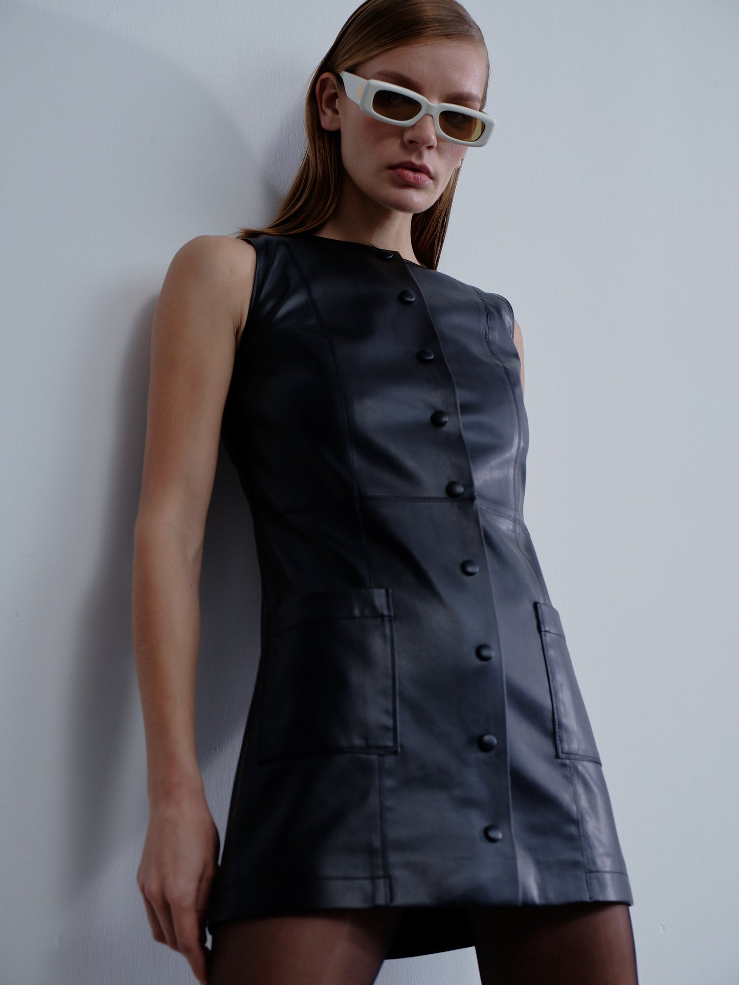Odette Vegan Leather Mini Dress in Noire