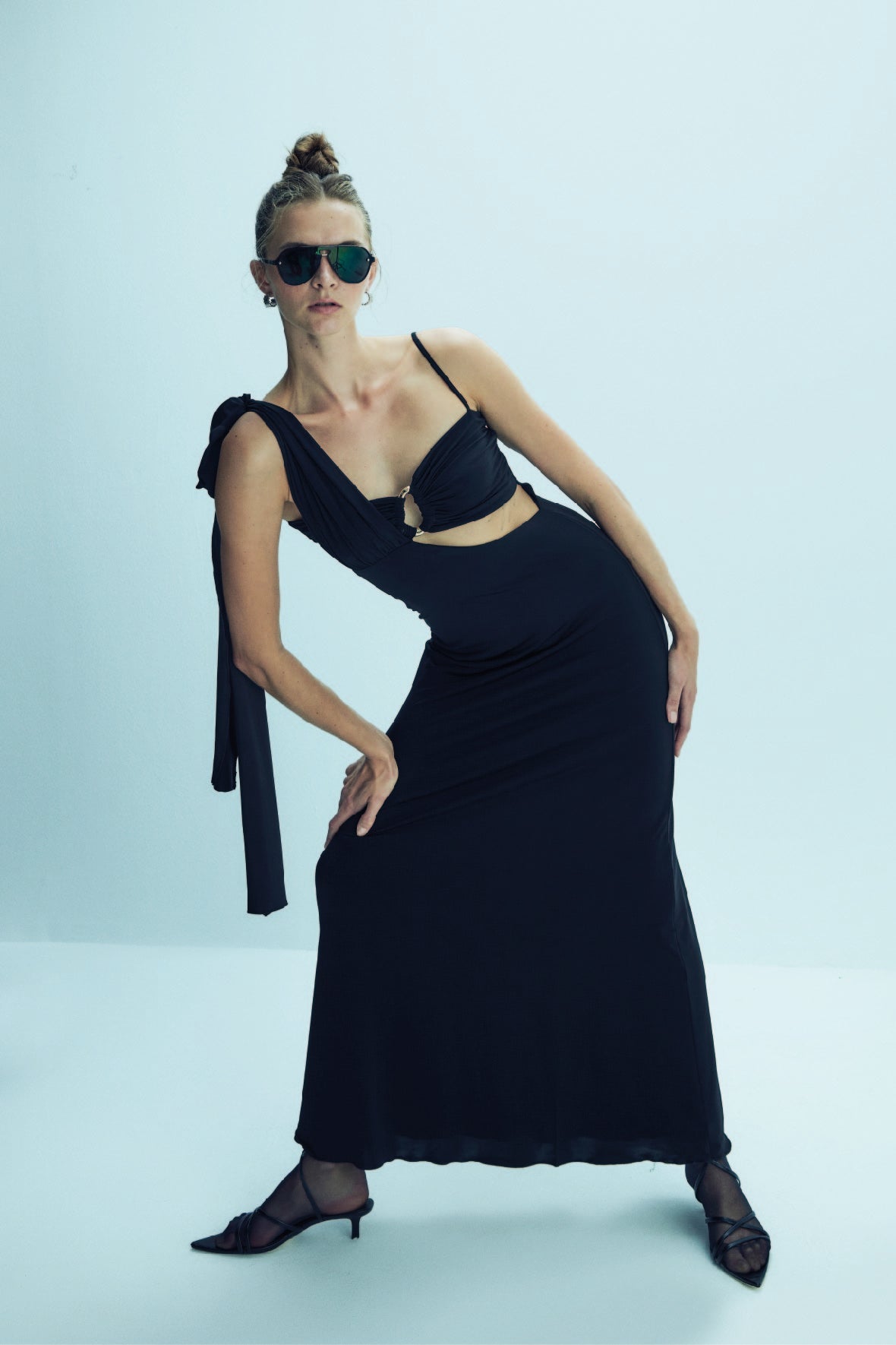Grace Jersey Asymmetric Long Dress in Black