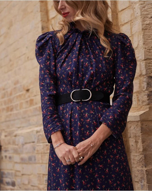 Midi dress with floral print and buff sleeves