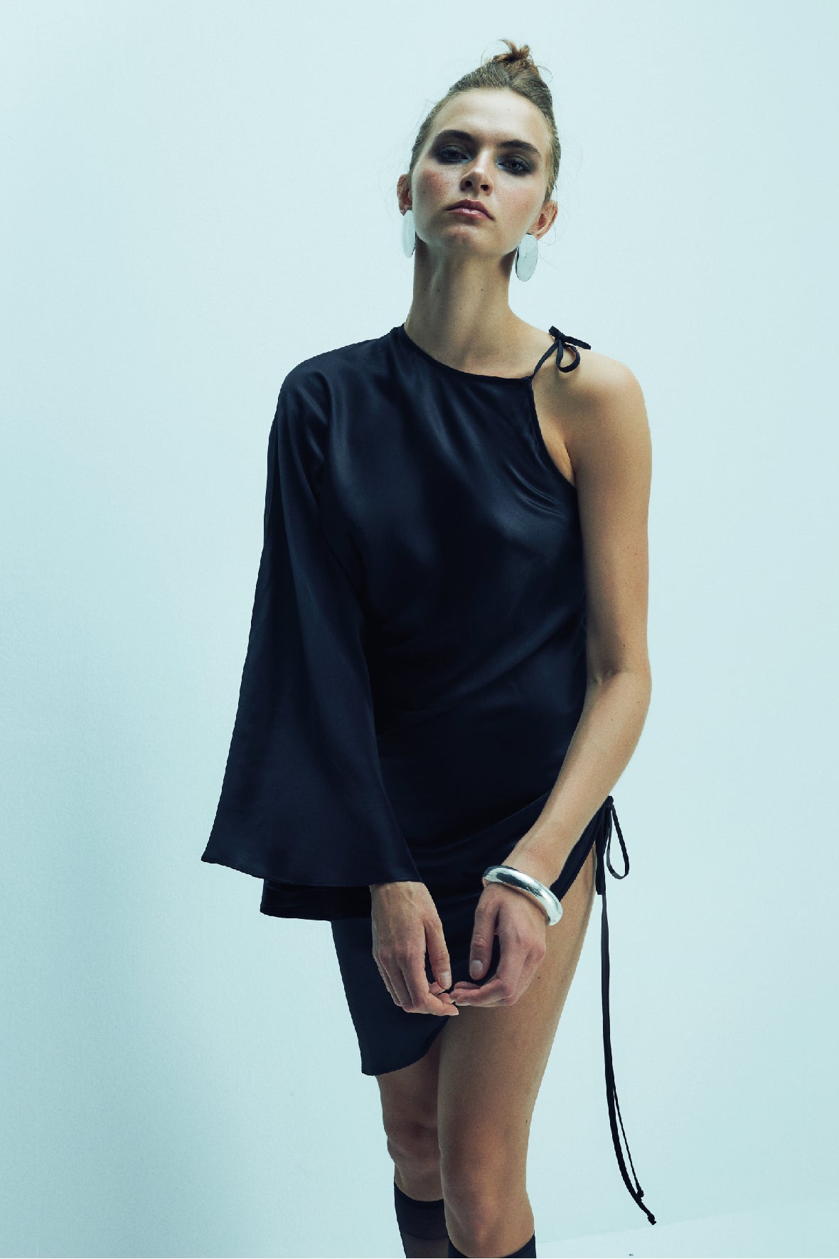 Rocha Asymmetric Mini Satin Dress in Black