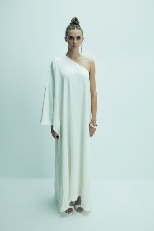 Venus One-Shoulder Satin Maxi Dress in White Swan